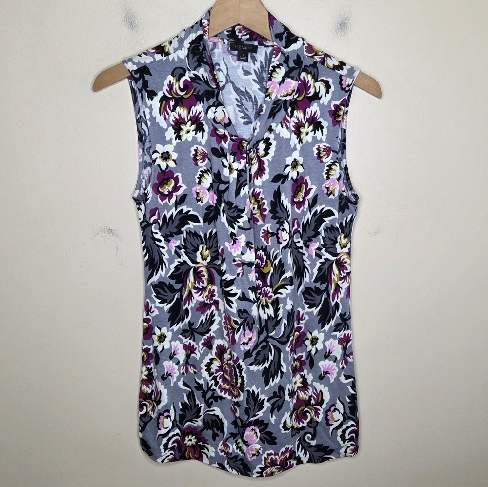 Ann Taylor Factory | Gray Magenta Black Mustard Floral Tank Top Size Small